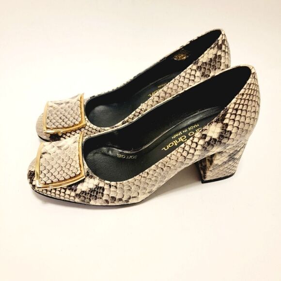 Pedro Anton Made in Spain Faux Snake Embossed Buckle Pumps Block Heel Shoes 36 - Picture 5 of 8